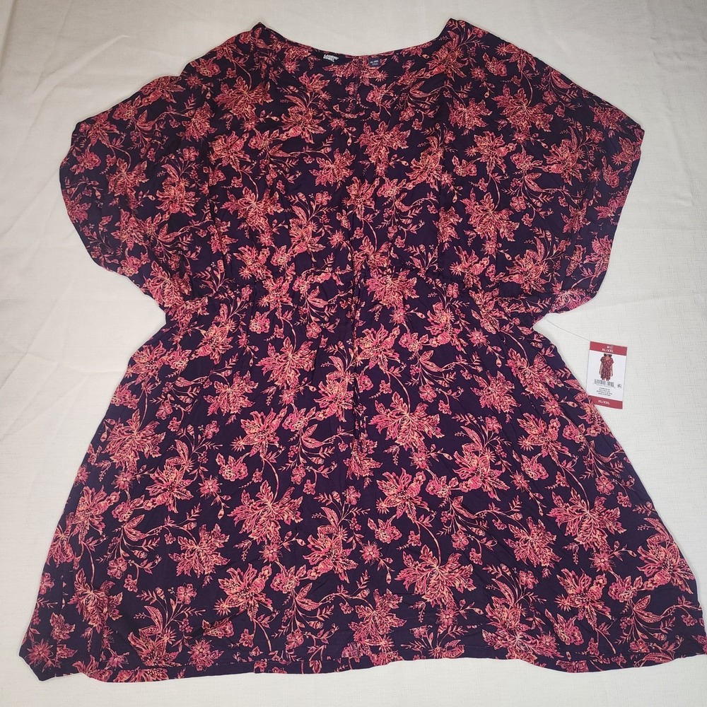 Lands End Floral Dress Size XL XXL Purple Red V-Neck Kimono Sleeve Tie Waist NWT